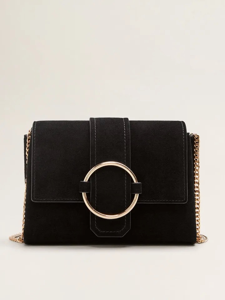 Mango Black Suede Crossbody Bag With Gold Ring Accent